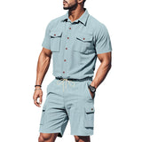 Riolio  Men's Summer Suit Amazon Corduroy Solid Pocket Shirt Short Sleeve Shorts Suit