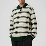 Riolio New American Trendy Men Polo Neck Sweater Light Luxury Striped Knit Long Sleeve Pullover Tops High Quality Loose Knitwear M-3XL