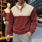 Riolio  Men's Corduroy Color Block Henley Shirt Casual Button-Up Stand Collar Pullover with Elbow Patches