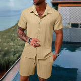 Riolio Spring And Summer New Sports Men's Polo Casual Solid Color Loose Short-sleeved Drawstring Shorts Cardigan Striped Sports Suit