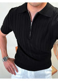 Riolio Zipper Knitted Short-sleeved Polo Shirt Men Summer American Retro Commuting Loose Vertical Striped Pit Strip Lapel T-shirt Men