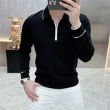 Riolio  High Street Fashion Men Turn-down Collar Half Zipper T-Shirts Simple All-match Long Sleeve Autumn Winter Panelled Elastic Tops