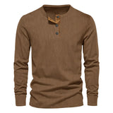 Riolio Spring and Autumn New Men's Long Sleeve T-shirt Corduroy Retro Casual Men's Clothing Slim Solid Color Long Sleeve Henley Shirt