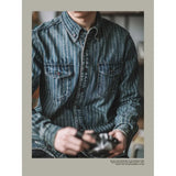 Riolio Retro Vertical Striped Denim Shirt Heavy American Casual Vintage Workwear Clothes Washing Old Pockets Long-sleeve Shirt
