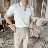 Riolio  High End Fashion Casual England Style Polo Shirt Summer New Versatile Short Sleeve Men Panelled Striped Lapel Breathable Tops