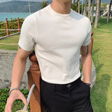 Riolio British Style Summer Ice Silk Short Sleeve Knitted T Shirts Men Simple Pure Color O-Neck Casual Slim Tee Shirt Top Homme M-3XL