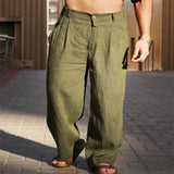 Riolio  Men's Spring and Summer Linen Pleated Wide-leg Pants Mid-rise Breathable Joggers