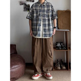 Riolio  New Men's Color-blocking Retro Plaid Shirt Lapel Teenager
