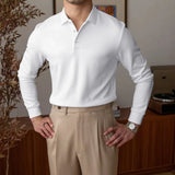 Riolio  Fashion Men Solid Polo Shirts Spring Autumn Korean Male Clothes Business Casual Office Social Loose Long Sleeve Tops