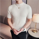 Riolio Summer Knitted Elasticity T Shirt Men Half High Collar Short Sleeve Casual Slim Fit Sweater Tops Tees Social Club T-Shirt