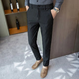 Riolio  Autumn England Style Striped Suit Pants Casual Men Chic Business Slim Thin Elastic Bodycon High Street Gothic Cropped Trousers