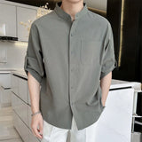 Riolio  Stand Collar Men's Shirt Cotton Linen Blend Half Sleeves Henley Neck Summer Casual Breathable Solid Color Loose Shirt Men