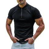 New Elastic Polos Solid Color Shirt Men's Sports Tshirt Zipper Short Sleeve Slim T-shirt Casual Gym Loose Lapel Basic Tops