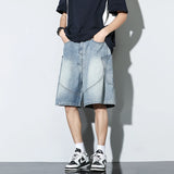 Riolio Summer New Baggy Denim Shorts Fashion Casual Straight Harajuku Jeans Male Vintage Wash Drawstring Short Pants Streetwear
