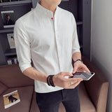 Riolio  New Men Shirt Summer Sky Blue Quarter Sleeve Cardigan Stand Collar Zhongshan Top