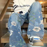 Riolio Autumn Floral Printed Jeans For Men New Y2K Vintage Denim Pants Hip Hop Fashion Wide-leg Baggy Jean Streetwear Trousers