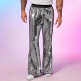 Riolio  Men's Shiny Metallic Sequin Flared Pants Disco Party Bell Bottom Trousers Elastic Waist Sparkly Nightclub Costume