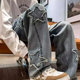 Riolio Stars Patchwork Men Jeans New Fashion Y2K Tassel Pants Korea Clothes Straight Hip Hop Splicing Trousers Male Streetwear