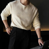 Riolio  New Korean Fashion Men T-shirt Luxury Knitted Solid Color O Neck Long Sleeve Tees Casual Premium Quality Textured Knitwear M-3XL
