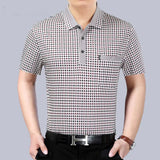 Riolio  Summer Middle-aged Elderly Men's Trend Lapel Button Printed Geometric Striped Pullover Casual Loose Short Sleeved T-shirts Tops