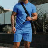 Riolio New Men's Suit Summer Casual Sportswear Waffle Solid Color Loose Lapels T-shirt and Shorts Two-Piece Set Free Shipping