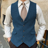 Riolio  Men Vest Blue Herringbone Solid Color Single Button Waistcoat For Wedding Business Banquet Work Formal Men Suit Vest