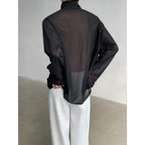 Riolio Sexy Perspective High-neck Long Sleeve T Shirt Men Women Net Yarn Bottoming Shirt Spring Summer Transparent Black Tee Shirts