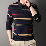 Riolio  Men's Spring Autumn New Striped Long Sleeve Pockets Button Tees Turn-down Collar Pullover Polo Shirt Business Casual Loose Tops