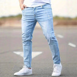 Riolio  Men's American Retro Hole-Punched Stretch Slim Fit Jeans Zipper Casual Streetwear Denim Pants Classic Black Blue Skinny Trousers