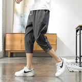 Riolio  Men Cotton Linen Summer Thin Loose Pure Cotton Sports and Casual Crop Trousers