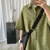 Riolio Korean Style Loose and Versatile Plaid Five-point Sleeve Shirt
