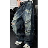 Riolio Mens Loose Fit Straight Leg Jeans Dark Blue Ripped Distressed Trendy Streetwear Fashion Casual Urban Denim Pants Hip Hop Style