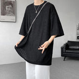 Riolio  Summer Texture Short Sleeve Men T Shirt Korean Style Loose O Neck Fashion Casual  Cool Tshirt Oversized Hollow out Tops White