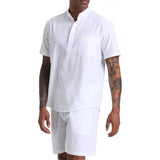 Riolio  Men's Cotton Linen Set Henley Shirts Shorts Outfits 2 Pieces Beach Clothes Vacation Matching Suit Summer Wear Shirt Sleeve