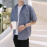 Riolio  Men Summer Short Sleeve Casual Shirt Loose Fit Korean Style Striped Hong Kong Fashion Shirt Jacket for Daily Outdoor Wear