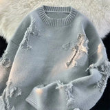 Riolio Y2k Streetwear Sweater Men New Retro Hole Fringed Sweater Loose Versatile Knitwear Pullovers Long Sleeve Jumpers Clothing