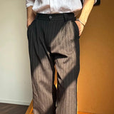 Riolio  Spring Summer Men Pinstripe Pants High Waist Wide Leg Relaxed Fit Casual Office Trousers