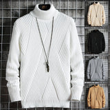 Riolio Korean Fashion Sweater Mock Neck Sweater Knit Pullovers Autumn Slim Fit Fashion Clothing Men Solid Color Irregular Stripes
