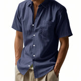 Riolio  Cross-border Men's Hawaiian Style Flax Casual Henry Neck Lapel Casual Short Sleeve Shirt