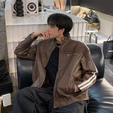 Riolio Retro Leather Jacket Men Women  American Patchwork Strip Racing Outerwear Loose Hip Hop Zippers Brown PU Coat Streetwear Spring