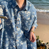 Riolio Floral Denim Shirts Men Summer Holiday Handsome Baggy Tops Vintage Streetwear Fashion All-match Pockets Beach Style New Рубашка