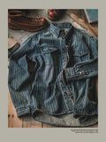 Riolio Retro Vertical Striped Denim Shirt Heavy American Casual Vintage Workwear Clothes Washing Old Pockets Long-sleeve Shirt