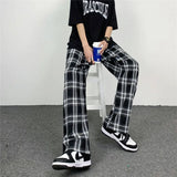 Riolio  Hip-hop Wide-leg Summer Straight Tube Black and White Plaid Loose Slim Long Pants for Men and Women Casual Pants