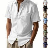 Riolio  Cross-border Men's Hawaiian Style Flax Casual Henry Neck Lapel Casual Short Sleeve Shirt