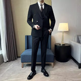 Riolio British Style Trendy Men's Blazer Black Double Breasted Slim Fit Suit Jacket Formal Business Office Groom Wedding Dress S-5XL