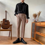 Riolio  France England Style Men Shirts New Autumn Solid Lapel Button Pleated Korean Fashion Chic Business Casual Loose Long Sleeve Tops