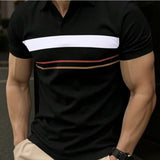 Riolio  Men's Color Block Short Sleeve Polo Shirt Casual Contrast Color Turn Down Collar Tops