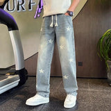 Riolio  Men Star Printed Distressed Jeans Loose Wide Leg Knife Cut Casual Straight Denim Pants for Spring Autumn