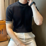 Riolio Men's Clothing Fashion Patchwork Tops Luxury High Quality Knit O Neck Short-sleeved T-shirt Leisure Popular Retro Slim Knitwear