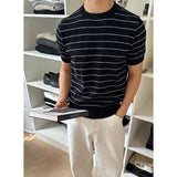 Riolio  Men Crew Neck Striped Knit Short Sleeve T Shirt Loose Old Money Style Breathable Casual Summer Basic Top